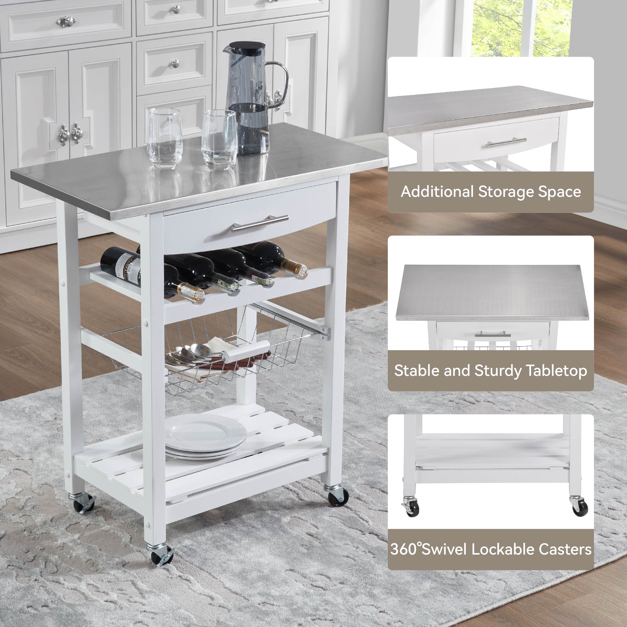 Mobile Rolling Kitchen Island Trolley Serving Cart With Underneath Drawer & Slide-Out Wire Storage Basket_voghion.com